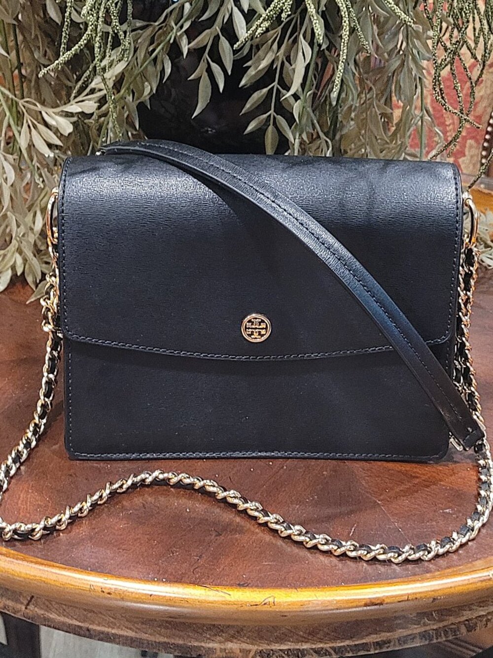 Tory Burch Black Robinson Mini Convertible Shoulder Purse Leather Gold Chain
